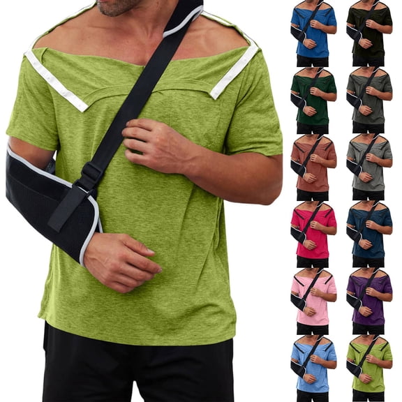 Post Shoulder Surgery Shirts for Men Full Snap Open Tear Away Short Sleeve T Shirt Chemo Port Access Tee Rotator Cuff Surgery Light Green M