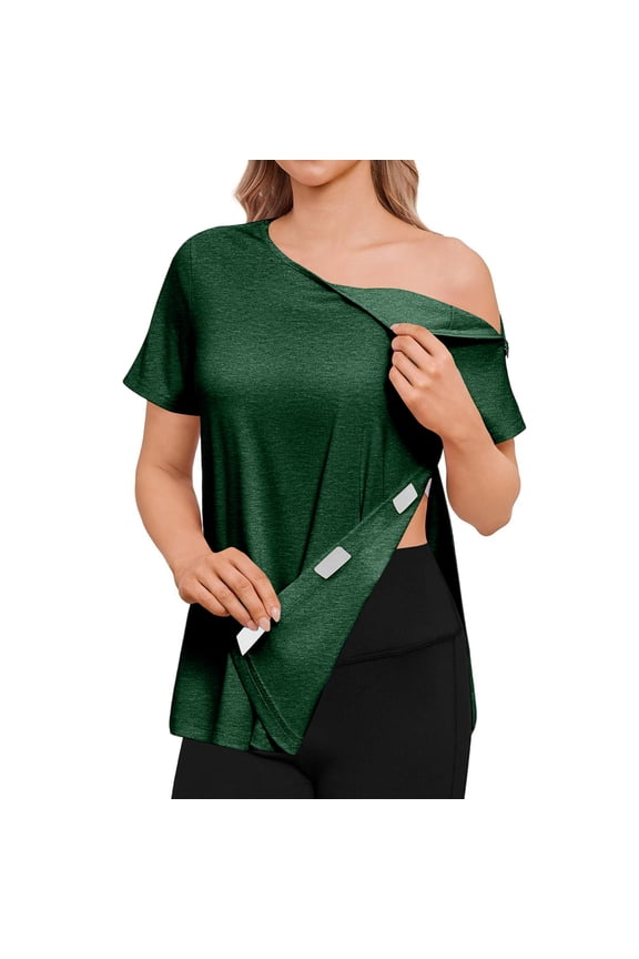Post Shoulder Surgery Shirts for Women- Short Sleeve-Full Stick On Fasteners Arm Shoulder Recovery Clothing Chemo Clothing Dark Green S