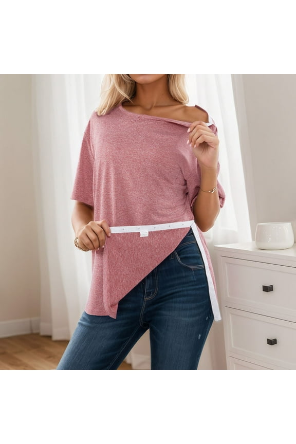 Post Shoulder Surgery Shirts for Women Tear Away Snap Chemo Port Shirts Short Sleeve Adaptive Clothing (Red XS)