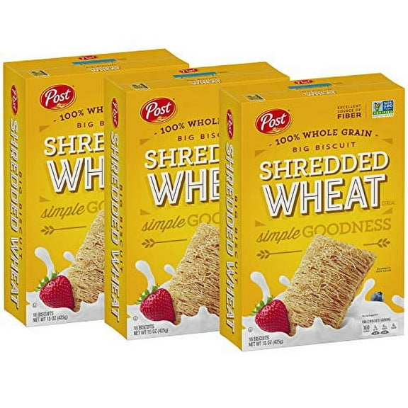 Post Shredded Wheat Cereal, Original Big Biscuit, 100% Whole Grain, No Sugar Or Salt Added, 15-Ounce Box (Pack Of 3)