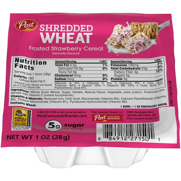 Post Shredded Wheat Frosted Strawberry Cereal, 1 Ounce -- 96 per case.