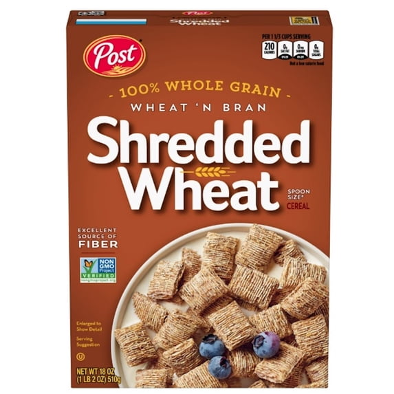 Post Wheat n Bran® Shredded Wheat, Breakfast Cereal, Excellent Source of Fiber, Kosher 18 Ounce – 1 count pack of 2