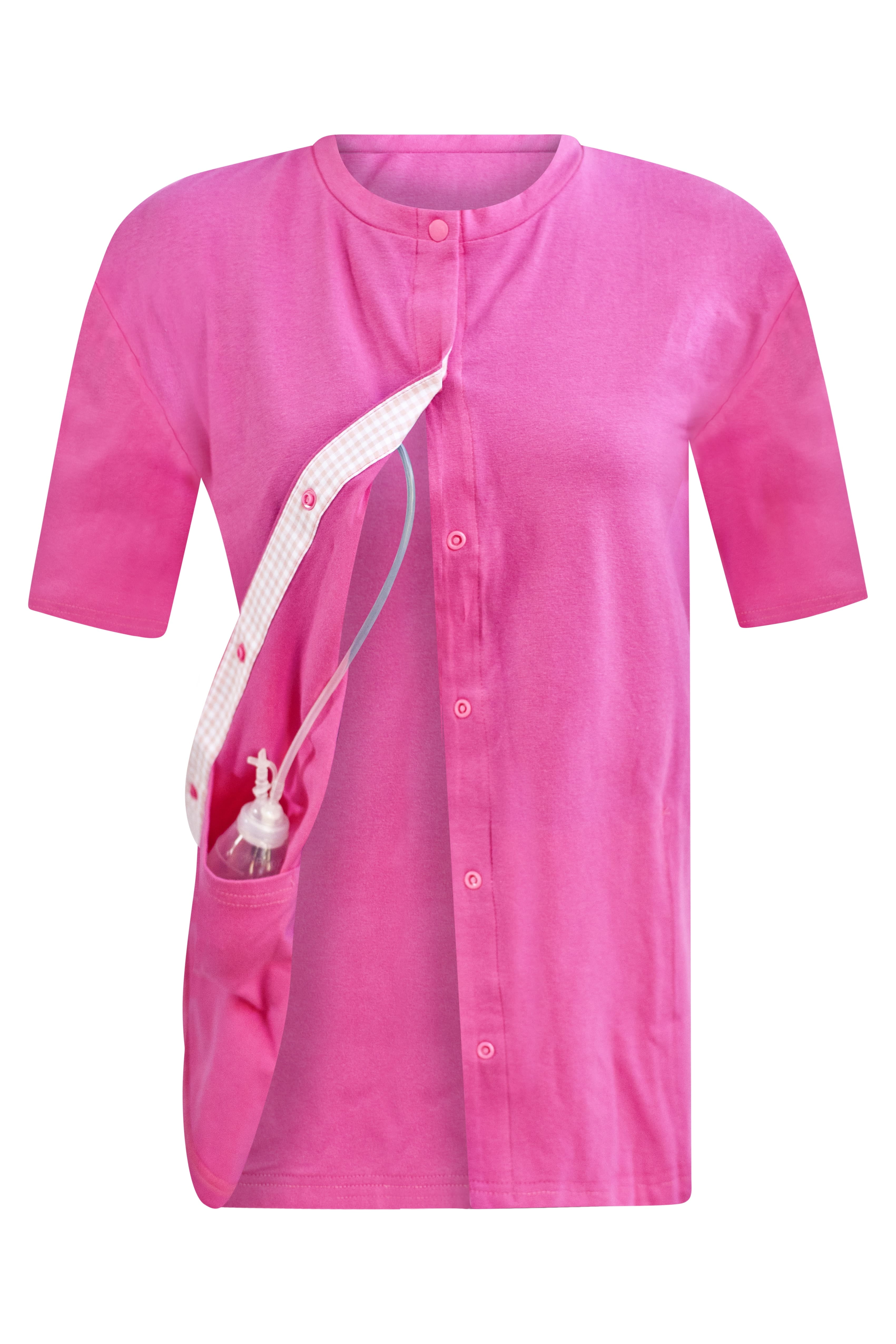 Post Surgery Mastectomy Shirt With Drain Management Pockets -Fuchsia Tee- Mastectomy  Shirts With Drain Pockets -Breast Cancer Post Surgery Clothing for Women - Shirts With Drain Pockets Post Mastectomy 