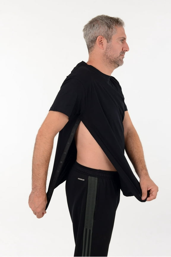 Post Surgery Recovery Tshirt Snap Open TearAway Shirt Color: Black/Men, Size: Small