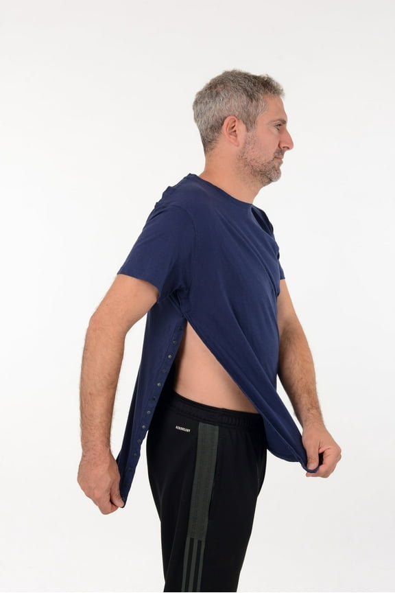 Post Surgery Recovery Tshirt Snap Open TearAway Shirt Color: Navy/Men, Size: Medium