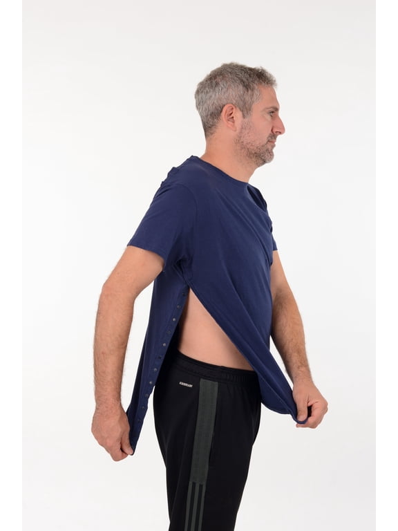 Post Surgery Recovery Tshirt Snap Open TearAway Shirt Color: Navy/Men, Size: XL