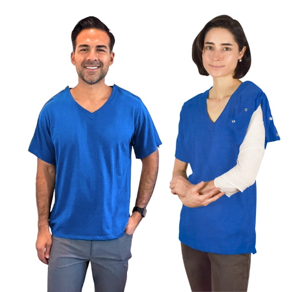 Post Surgery Shirt with Discreet Left & Right Side Snap Access (M, Blue)