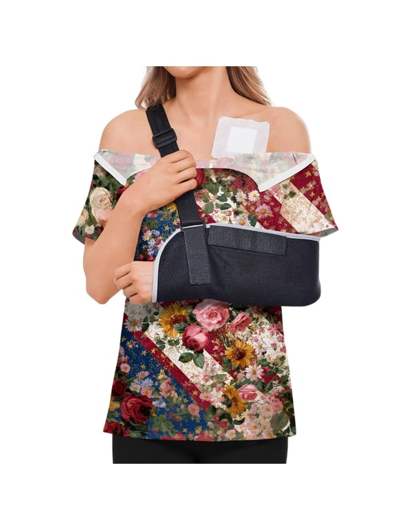 Post Surgery Shirts for Women Full Open Side Snap Tear Away Tshirts Zipper Shoulder Short Sleeve Recovery Adaptive Tops