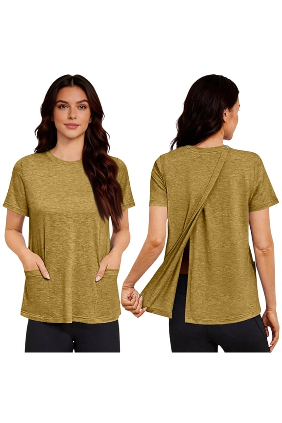 Post Surgery Shirts for Women Tear Away Snap Open Back Top Hospital Shirts Short Sleeve Adaptive Clothing with Pockets Brown XL