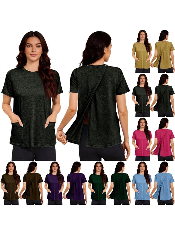 Post Surgery Shirts for Women Tear Away Snap Open Back Top Short Sleeve Adaptive Clothing with Pockets,M,#03 Light Gray