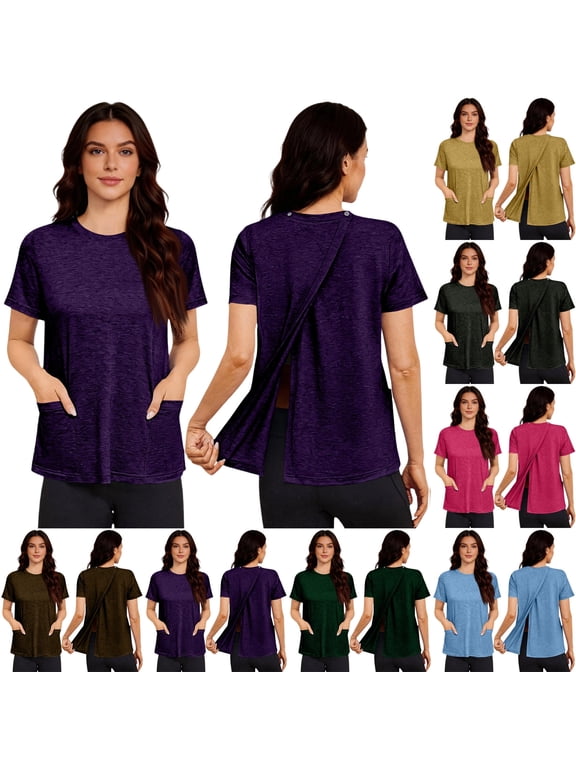 Post Surgery Shirts for Women Tear Away Snap Open Back Top Short Sleeve Adaptive Clothing with Pockets,S,#03 Dark Purple