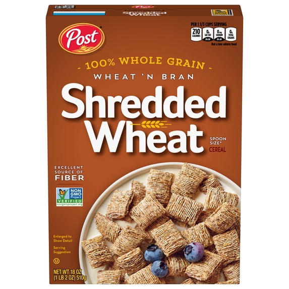 Post Wheat n Bran® Shredded Wheat, Breakfast Cereal, Excellent Source of Fiber, Kosher 18 Ounce – 1 count pack of 2