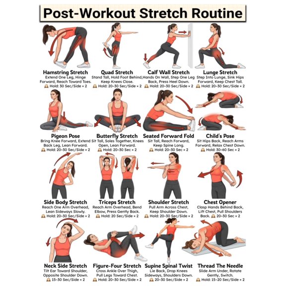 Post Workout Stretch Routine poster Full Body Static Stretching Routine Chart poster Cool Down Stretches Exercises After Workout For Home Gym poster