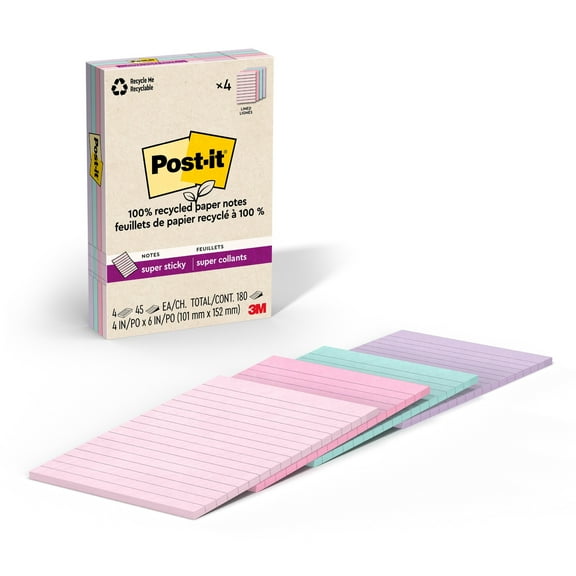 Post-it 100% Recycled Paper Lined Super Sticky Notes, 180 Total Notes, Pack Of 4 Pads, 4" x 6", Wanderlust Pastels, 45 Notes Per Pad