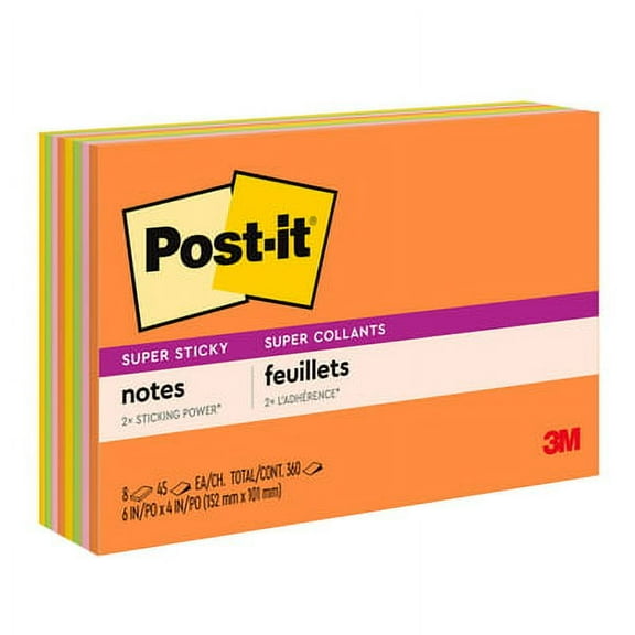 Post-it-1PK Meeting Notes In Energy Boost Collection Colors, 6" X 4", 45 Sheets/Pad, 8 Pads/Pack