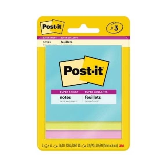Post-it 3pk 3" x 3" Super Sticky Notes 45 Sheets/Pad - Miami Collection: Multicolor 3x3 Sticky Notes, Art & Design Theme