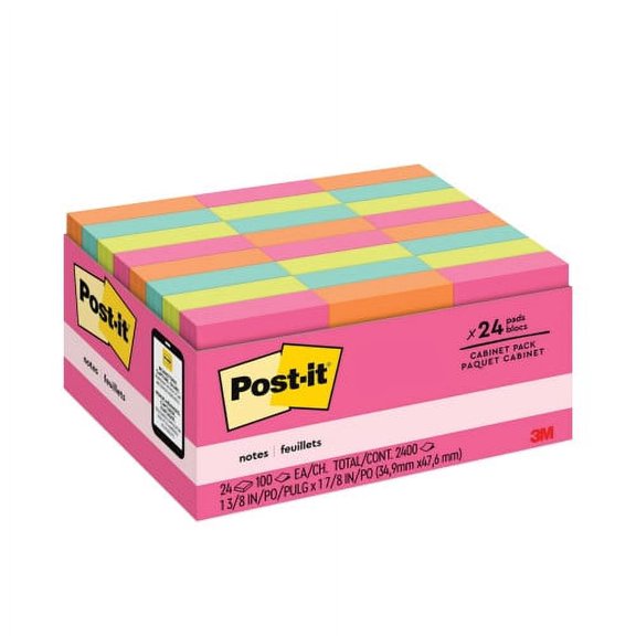 Post-it Adhesive Sticky Notes, 1.38" x 1.88", Poptimistic Colors, 24 Pads