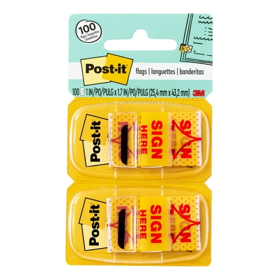 Post-it Arrow Message 1" Page Flags, Sign Here, Yellow, 50 Flags Per Dispenser, 12 Dispensers Per Pack
