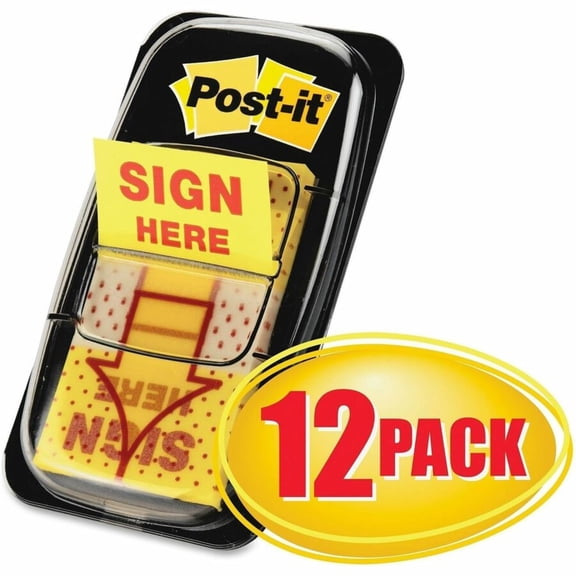 Post-it Arrow Message 1" Page Flags, Sign Here, Yellow, 50 Flags Per Dispenser, 12 Dispensers Per Pack