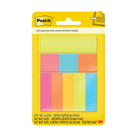 Post-it Sticky Notes Combo Pack, Assorted Sizes and Colors, 450 Sheets Total
