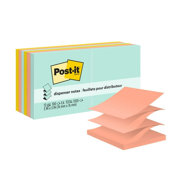 Post-it Dispenser Pop-up Notes, 3 in x 3 in, Beachside Café, 12 Pads