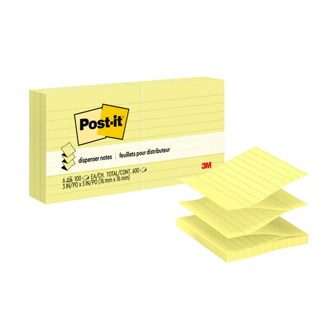 Postit Dispenser Popup Notes, 3 in x 3 in, Canary Yellow, Lined, 6