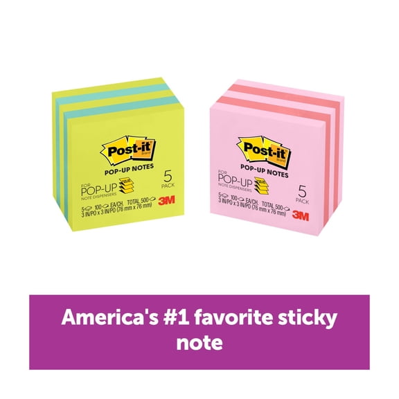 Post-it Dispenser Pop-up Notes, 3 in x 3 in, Mixed Bright Colors, 5 Pads