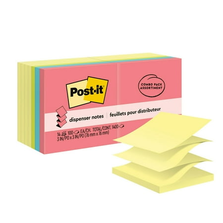 Post-it Dispenser Pop-up Notes, 3 in x 3 in, Yellow and Bright Colors, 14 Pads