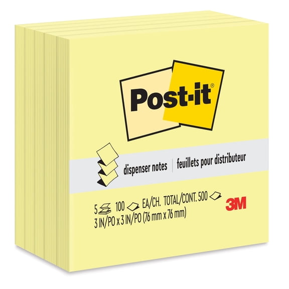 Post-it Dispenser Pop-up Notes, 3x3 in, 5 Pads, Canary Yellow, Clean Removal, Recyclable