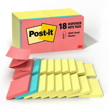 Post-it Dispenser Pop-up Notes Value Pack, 3 in x 3 in, Canary Yellow, 14 Pads + 4 Assorted Color Pads