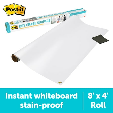 Post-it Dry Super Sticky Self-Stick Dry Erase Surface Film, White, 8 ft. x 4 ft.