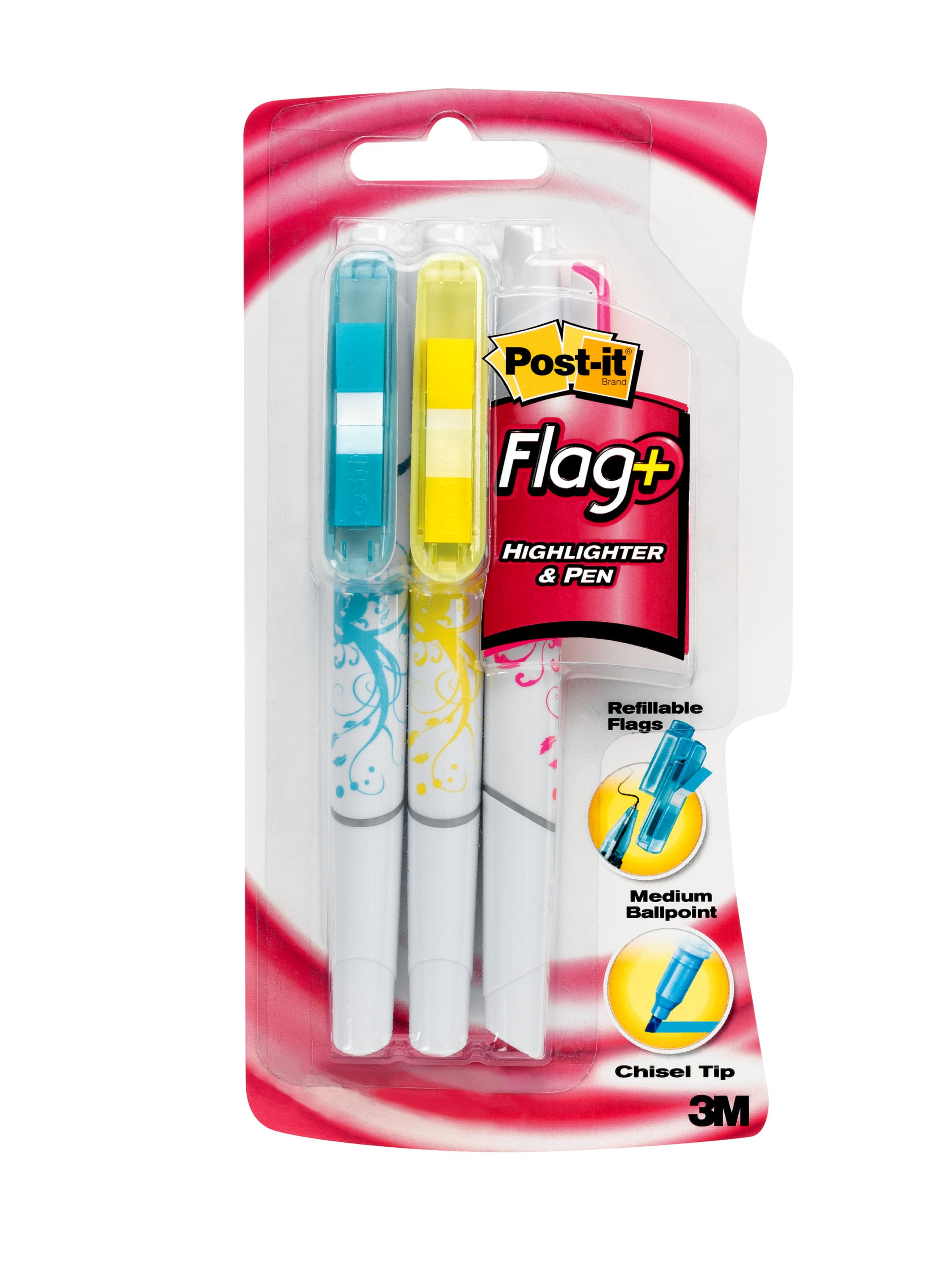 3本セットThe POnist in Glow PenC Bubble1000 Post-it® Flag, Pen & Highlighter 3-Pack, Yellow, Blue, Pink with