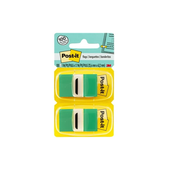 Post-it Flags, 1 in. Wide, Green, 50/Dispenser, 12 Dispensers