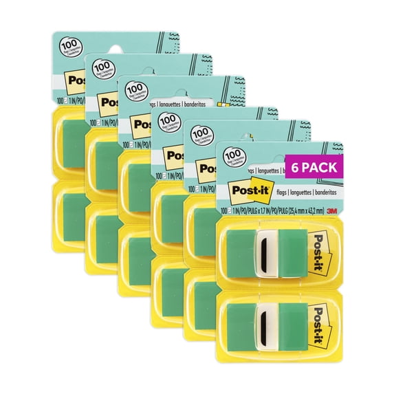 Post-it Flags, 1 in. Wide, Green, 50/Dispenser, 12 Dispensers