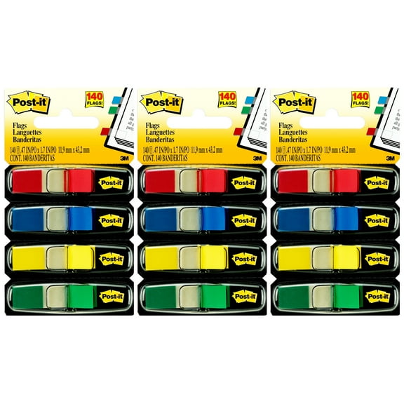 Post-it Flags, Assorted Primary Colors, .47 in. Wide, 35 Flags/Dispenser, 4 Dispensers/Pack, 3 Packs