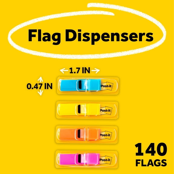 Post-it Flags, Assorted Primary Colors, .5" Wide, 35 Flags/Dispenser
