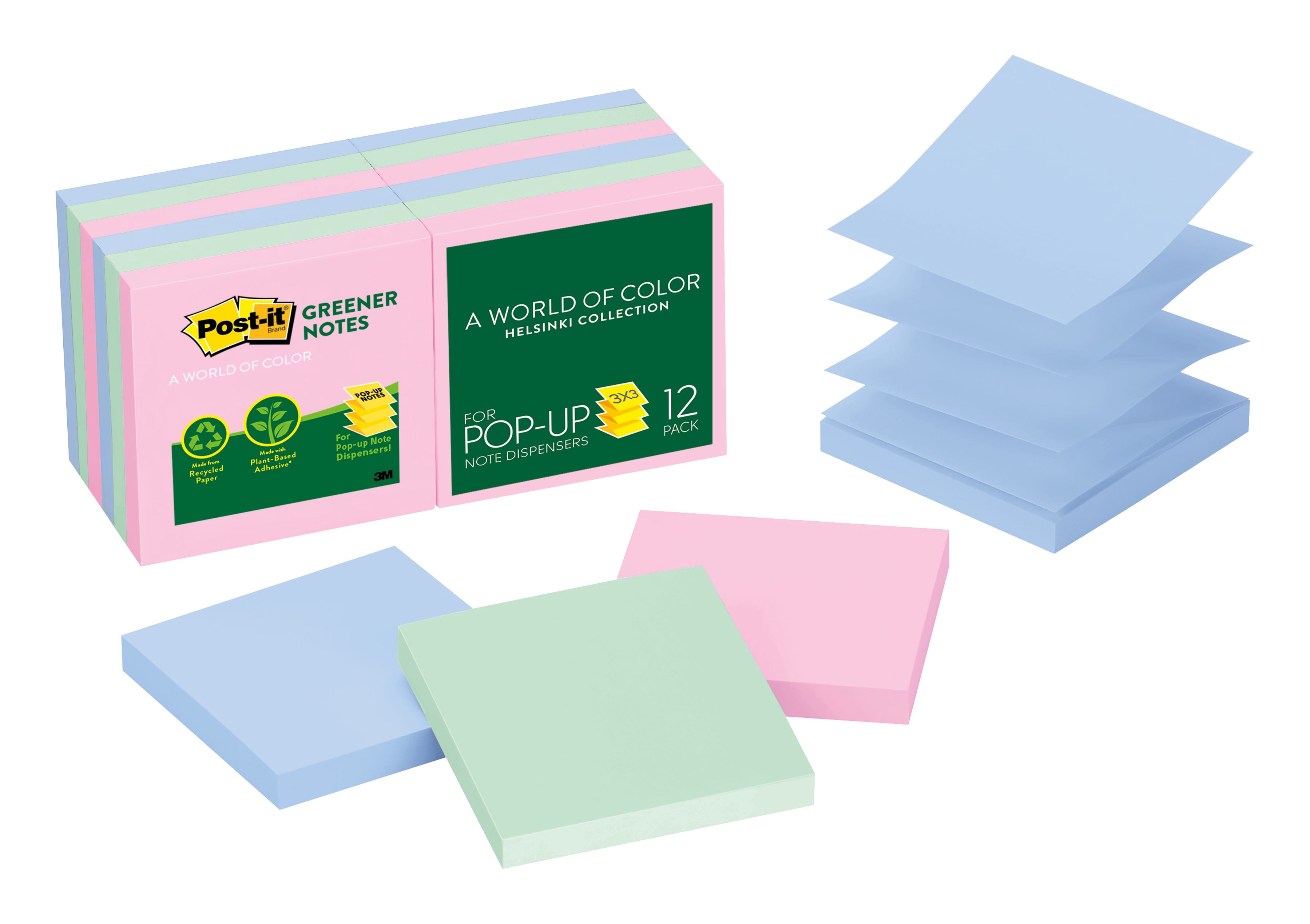 Post-it Greener Dispenser Pop-up Notes R330RP-12AP, 3 in x 3 in, Assorted Pastel