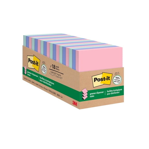 Post-it Greener Pop Up Notes, 3 in x 3 in, 18 Pads, 100 Sheets/Pad, Clean Removal, Back to School Supplies for Students,