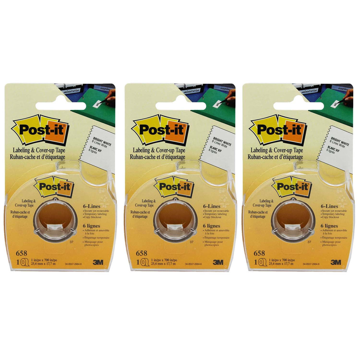 Postit Labeling & Coverup Tape, 1" x 700" Per Roll, 3 Rolls