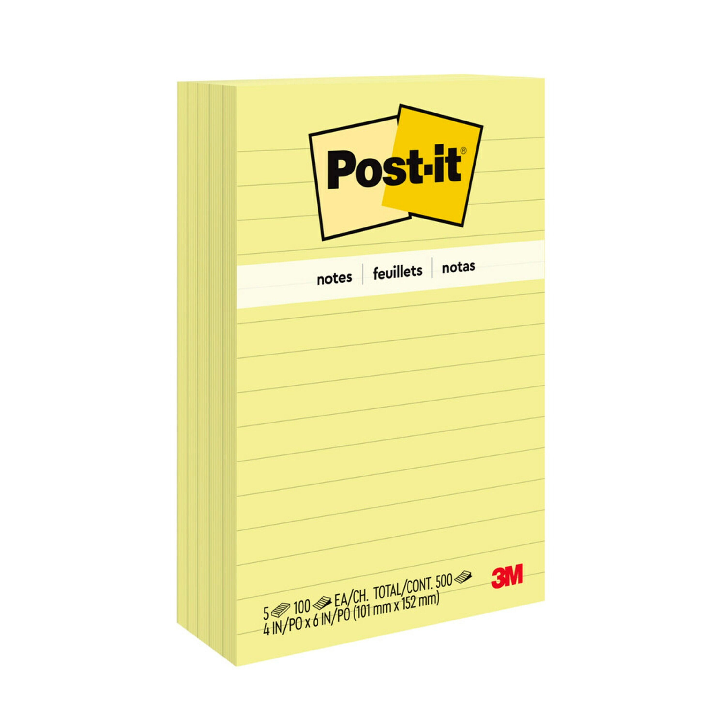 Postit Lined Notes, 4" x 6", Canary Yellow, 5 Pads/Pack