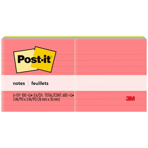 Post-it® Lined Notes - Poptimistic Color Collection, 3" Flag/Note Width x 3" Flag/Note Length, Square, 100 Sheets per Pad, Ruled, Pink, Blue, Green (630-6AN) | 2 Packs (12 Total)