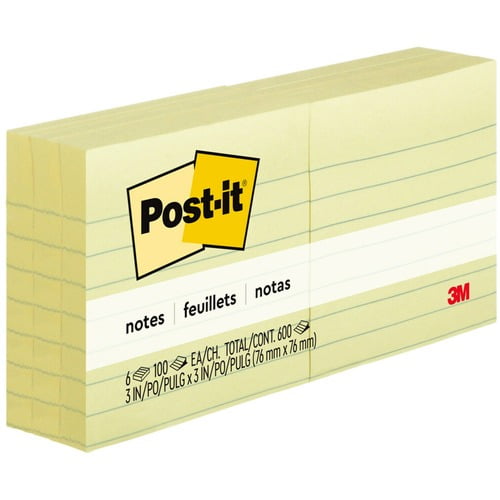 Post-it Lined Sticky Notes, 3"x 3", Canary Yellow, 6 Pads | 2 Packs (12 Total)