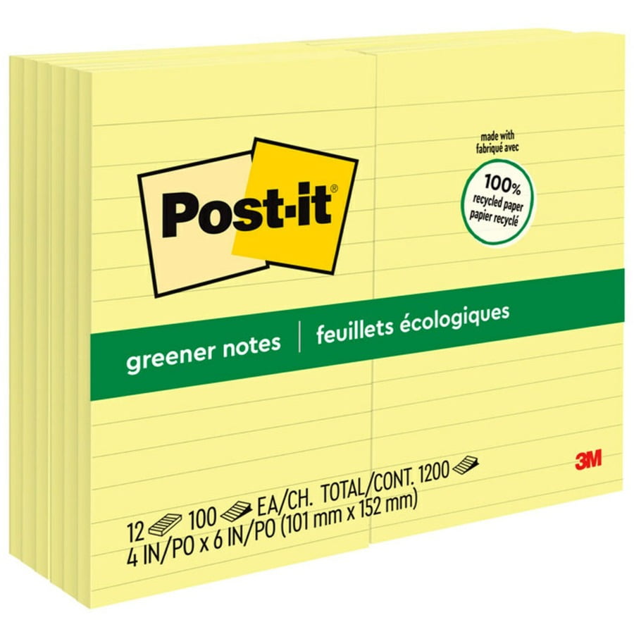 Post-it®, MMM660RPYW, Greener Lined Notes, 12 / Pack, Canary Yellow