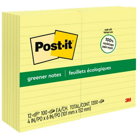 Post-it®, MMM660RPYW, Greener Lined Notes, 12 / Pack, Canary Yellow