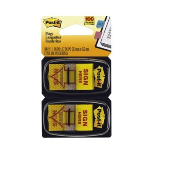 Post-it Message Flags, "Sign Here", 50/Dispenser, 2 Dispensers/Pack, 1 in Wide, Yellow (680-SH2)