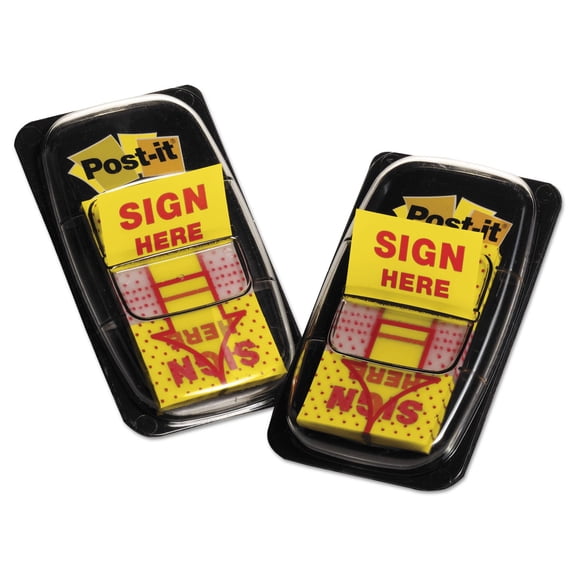 Post-it Message Flags, "Sign Here", Yellow, 1 in. Wide, 2 Dispensers