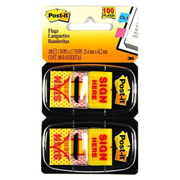 Post-it Message Flags, "Sign Here", Yellow, 1 in. Wide, 50/Dispenser, 2 Dispensers/Pack, (680-SH2)
