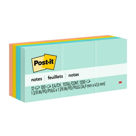 Post-it Original Pads in Beachside Cafe Collection Colors, 1.38" x 1.88", 100 Sheets Per Pad, 12 Pads Per Pack