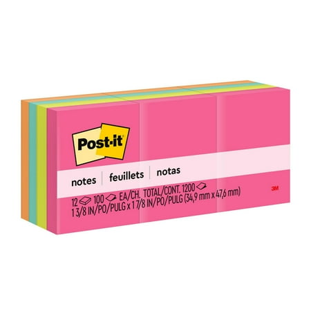 Post-it Notes, 1 3/8 in. x 1 7/8 in., Poptimistic, 12 Pads