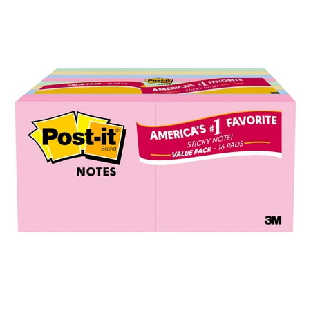 Post-it® Notes, 3 in. x 3 in., Assorted Pastels, 16 Pads/Pack, 75 Sheets/Pad